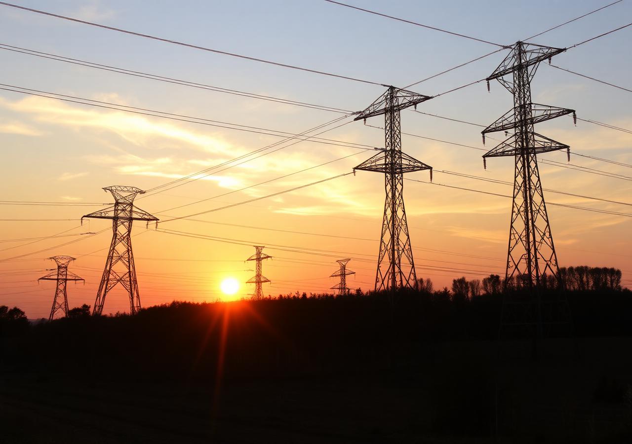 High-voltage transmission pylons at sunset