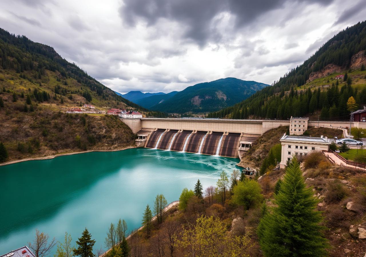Pumped-storage hydropower dam with turquoise reservoir
