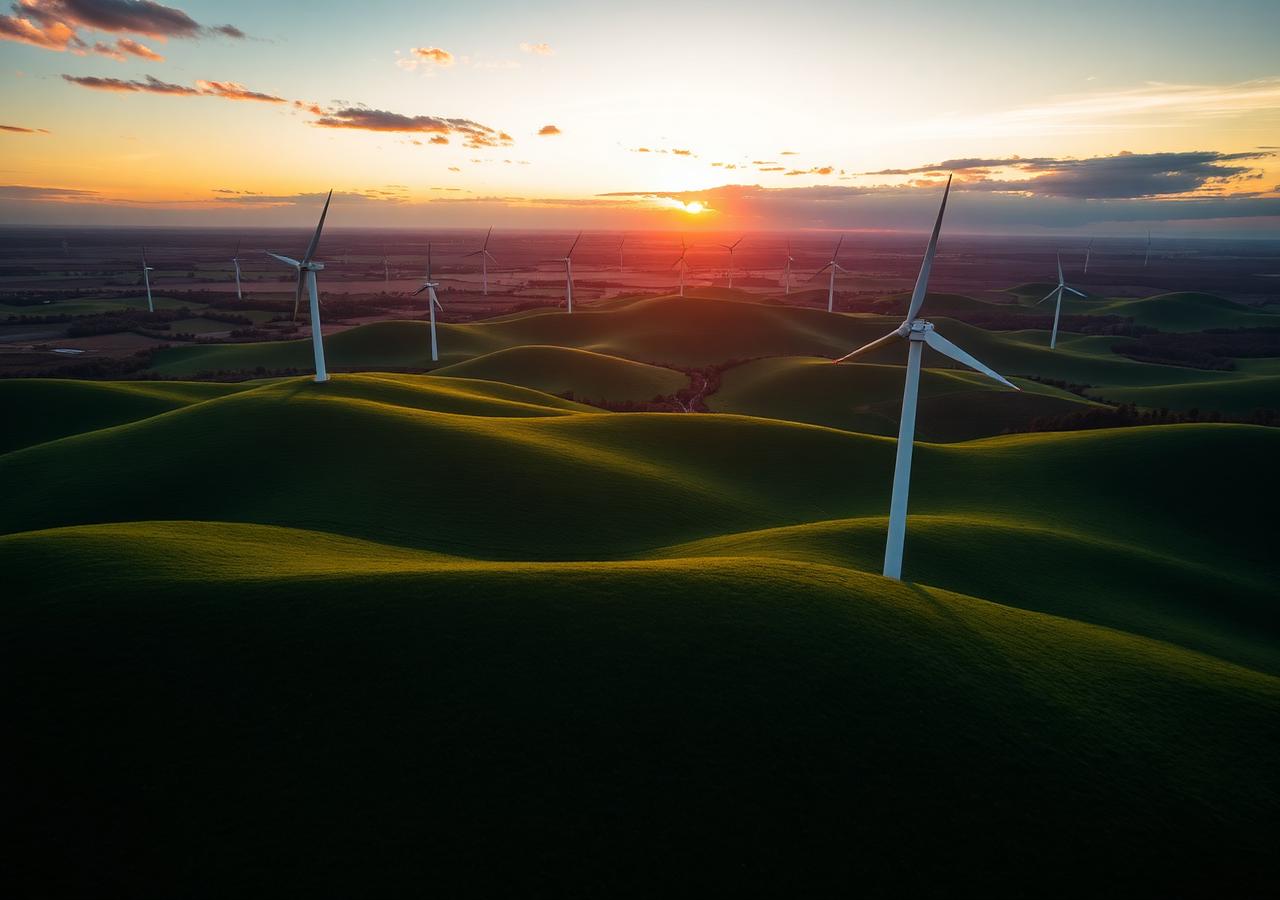 Wind turbines on rolling hills at sunrise
